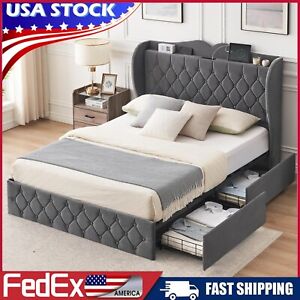 Wingback Full Queen Size Bed Frame with 4 Storage Drawers Upholstered Headboard