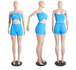 New Women 2PC Set Crop Top+ Short Sweat Suits Matching Sets Club Outfits #JS