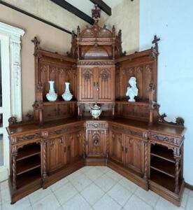 ARRIVES JUN 2024: Antique French Gothic Oak Wood Corner Cabinet/Sideboard/Buffet