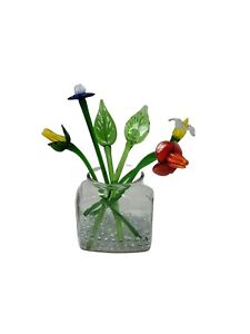 Set Of 4 Vintage Art Blown Glass Long Stem Flowers & 2 Glass Green Leaves