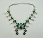 Circa 1970 Native American Sterling Silver and Turquoise Squash Blossom Necklace