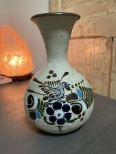 Tonala Mexican Pottery Floral Bird Vase Sandstone Folk Art Mexico Signed 6” Boho