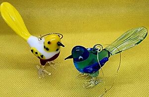 2  Beautiful GLASS BIRDS Vintage  Christmas Ornaments , w. Strings for Easy Hang