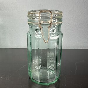 Vintage Hermetic Green Tinted 12 Sided Glass Canister Jar Hinged Lid 8” Italy