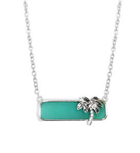Turquoise Sea Glass Bar and Palm Tree Pendant Necklace for Women