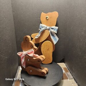 Vintage Pair Hand Made Wooden Wood Teddy Bear Toy Figurine Poseable