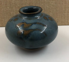 Small Studio Art Pottery Vase, Blue & Brown Drip Glaze, signed V.T, 3 
