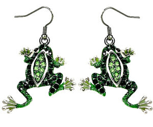 Green Frog Earrings Dangle Enameled Rhodium Plated Gift Boxed Fast Shipping
