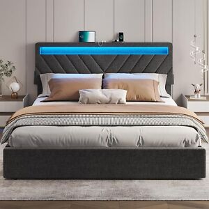 King Size Bed Frame with Drawers & LED Lights Upholstered Platform Bed Dark Grey