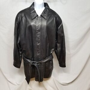 Retro J. Ferrar Waist Trench Coat Men X-Large Black Lambskin Leather Belted