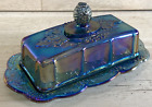 Blue Carnival Glass Covered Butter Dish Indiana Harvest Grape Iridescent 8
