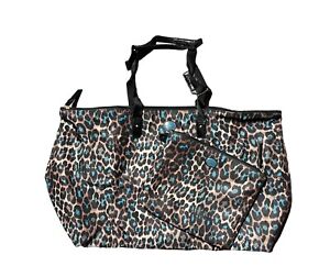 Coach XL Turquoise Teal Leopard Print Getaway Travel Weekender Tote Cosmetic Bag
