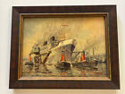 Antique Oil Painting Nautical Coastal Ships Boats Industrial Wpa Style Older