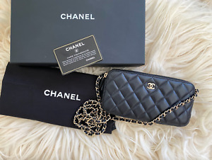 Chanel Double Zip Classic Quilted Clutch On A Chain Black Leather Crossbody Bag