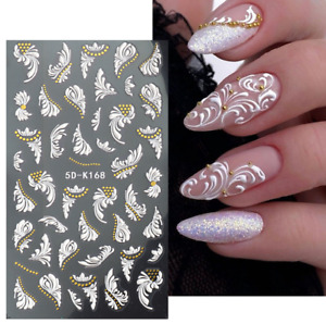 5D Embossed White Nail Art Stickers Butterfly Flower Self Decal Decor K168 NH7