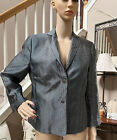 Akris Punto Lux Silk Designer Silver Navy Blue Stripe 3/4 Blazer Jacket US 12