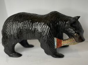 Wooden Hand Carved Black Bear With Trout Rustic Cabin Folk Art 14 Inch Long Vtg