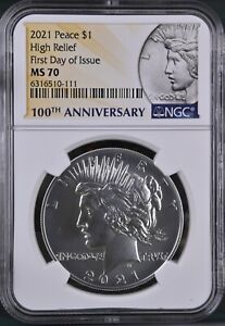 New Listing🔥 2021 Peace $1 Silver Dollar High Relief NGC MS70 First Day of Issue FDOI FDI