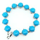 10 MM Natural Blue Turquoise Cabochon 925 Sterling Silver Bracelet Size 8 Inch
