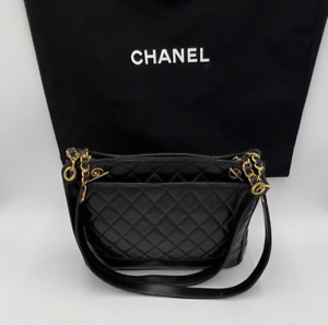 Auth. Chanel Black Quilted Lambskin Leather Chain Shoulder Bag Lambskin Leather