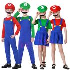 Super Mario Bros Luigi Cosplay Costume Kids Boys Girls Fancy Dress Outfit Sets~