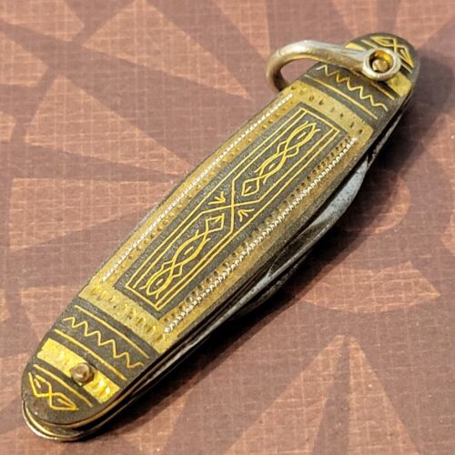 Toledo Knife Made In Spain Two Blade Pen Damascene Handles Gold Inlay Art Work