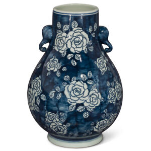US Seller - Blue and White Peony Flower Design Chinese Porcelain Vase