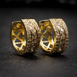 Men's Iced Cz Pointer Thick Gold Plated 925 Sterling Silver Huggie Hoop Earrings