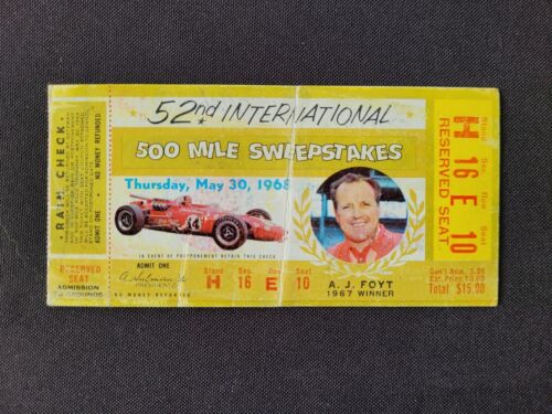 1968 USAC Indianapolis 500 A.J. Foyt Ticket Stub, Bobby Unser Indy Win #1