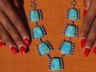 Large Natural Kingman Turquoise and Silver Necklace Squash Blossom Necklace 925