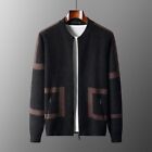 Knitted Cardigan Mens 100% Wool Sweater Stand Collar Casual Jacket Coat Large Sz