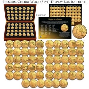 Complete 24K GOLD Clad STATEHOOD Quarter 56 Coin Set in Premium Cherry Wood Box