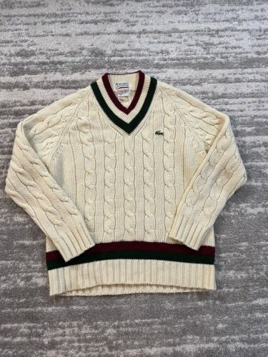 Vintage Izod Lacoste Sweater Mens Large Beige Cable Knit Tennis Cardigan Preppy