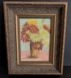 Vintage Flowers In Vase Acrylic Painting On Board Gold Wood Framed Signed RGS