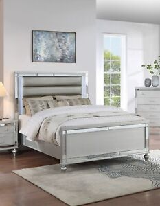Contemporary Silver Faux Leather Est King Size Bed w LED 1pc Bedroom Furniture