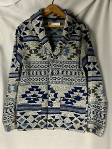 Levis Blue Shawl Neck Multicolor Aztec Pattern Fleece Cardigan Men’s Size Small
