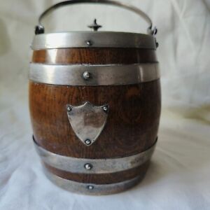 Antique 19th Century Oak Wood Biscuit Barrel Silver Plated Lidded Ceramic Inner