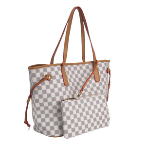 BUTIED Fashion Womens Checkered Tote Shoulder Bag with Inner Pouch, PVC Leather
