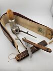 Antique Barber Shaving Kit Circa 1920, Horse Hide Sharpener, Blade, Razor, Brush