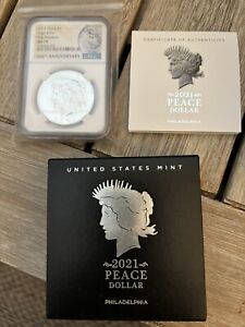 2021 High Relief Peace Silver Dollar, MS 70 100th Ann Label, Ngc, First Releases