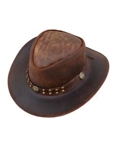 Men's Brown Premium Leather Western Cowboy Studded Hat for Halloween Deadman