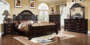 6pc Bedroom Set Dark Walnut Queen Size Bed Dresser Mirror Nightstands Chest