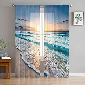 Ocean Waves Beach Semi Sheer Curtains 63 Inch Length For Living Roomtropical Sea