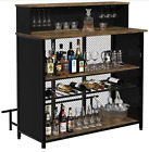 Home Mini Liquor Bar Rustic Brown Wood Standing Table with Storage and Footrest