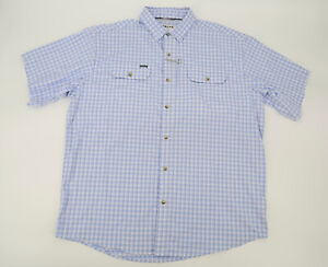 Poncho Fishing Mens Large Blue Checks Magnetic Button Front Shirt Short Sleeve