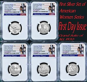 FDI First Day of Issue 5-coin PF70 Set 2022 S NGC American Women Silver QUARTER