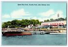 Lake Okoboji Iowa IA Postcard Speed Boat Dock Arnolds Park Scene c1940s Vintage