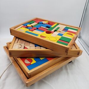 Wooden Stacking Building Blocks Set 3 Trays Pull Cart Colorful Plain 240+ Piece