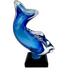 Vintage Art Glass Fish Blue with Wood Base Figurine Paperweight Signed 1985