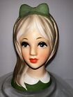 Vintage lady head vase - Napcoware c8493 Blonde Teenager W/ Green Shirt Bow READ
